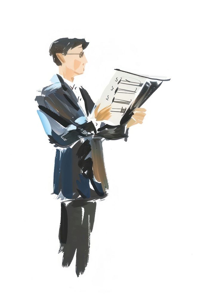 A conductor holding music sheet reading adult white background.