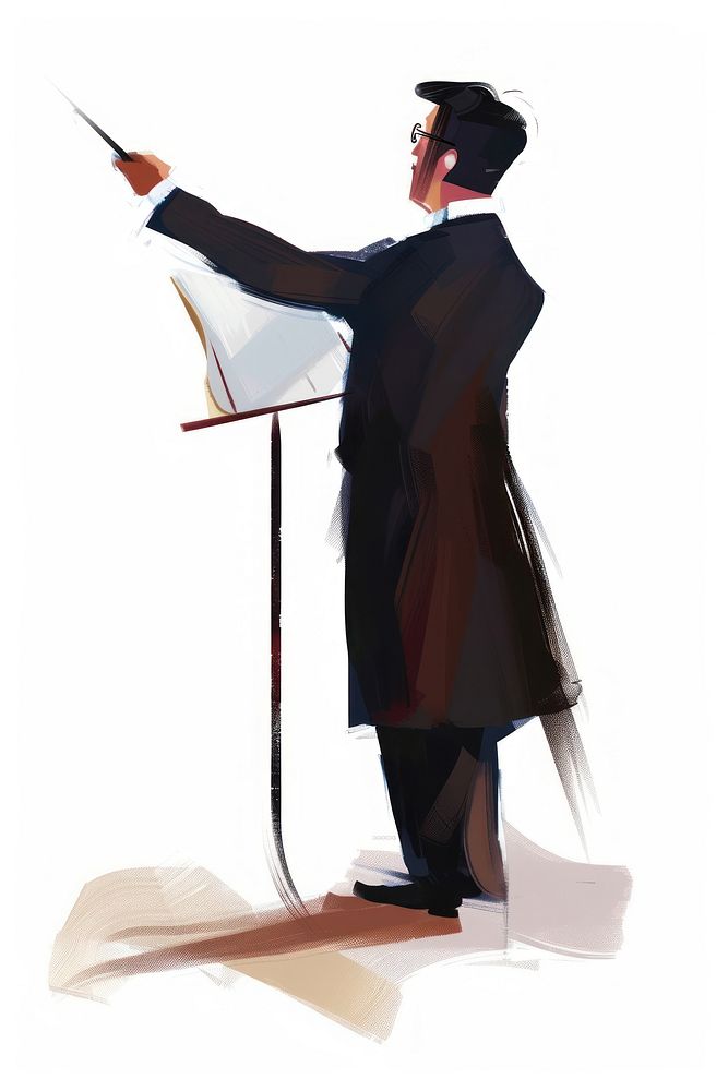 A conductor holding music sheet adult white background performance.