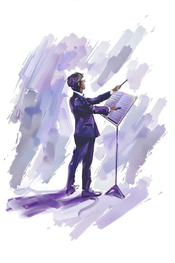 A conductor holding music sheet purple adult white background.