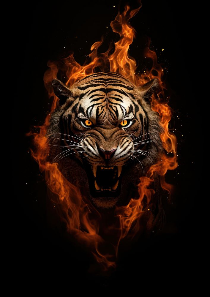 Tiger full body fire flame wildlife black background aggression.