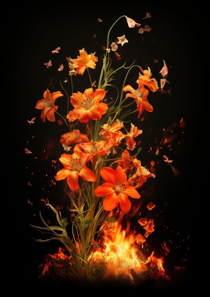 Wild flowers fire flame plant petal black background.