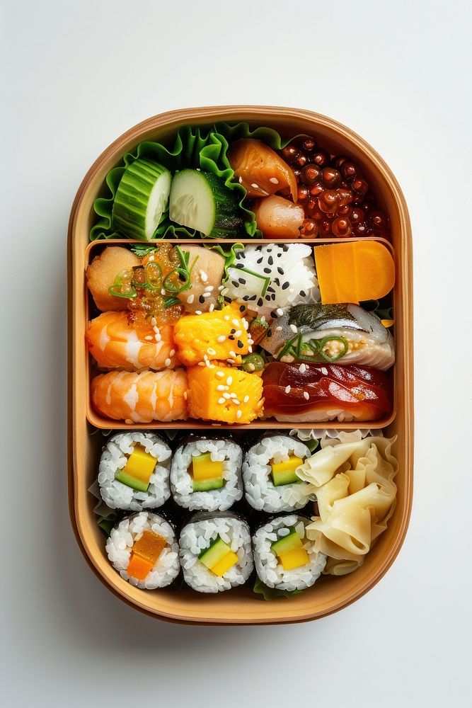 Cute japanese bento box sushi lunch food.