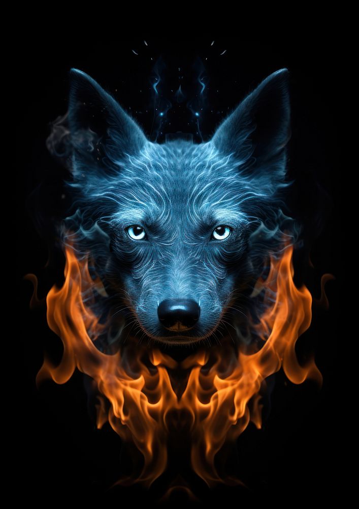 Blue dog fire flame animal mammal wolf.