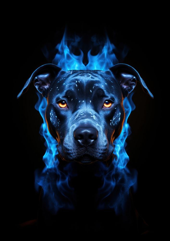 Blue dog fire flame animal mammal black.
