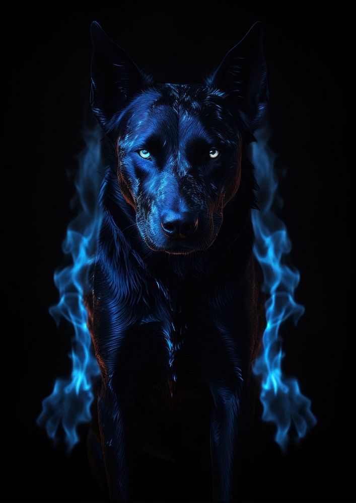 Blue dog fire flame animal mammal black.