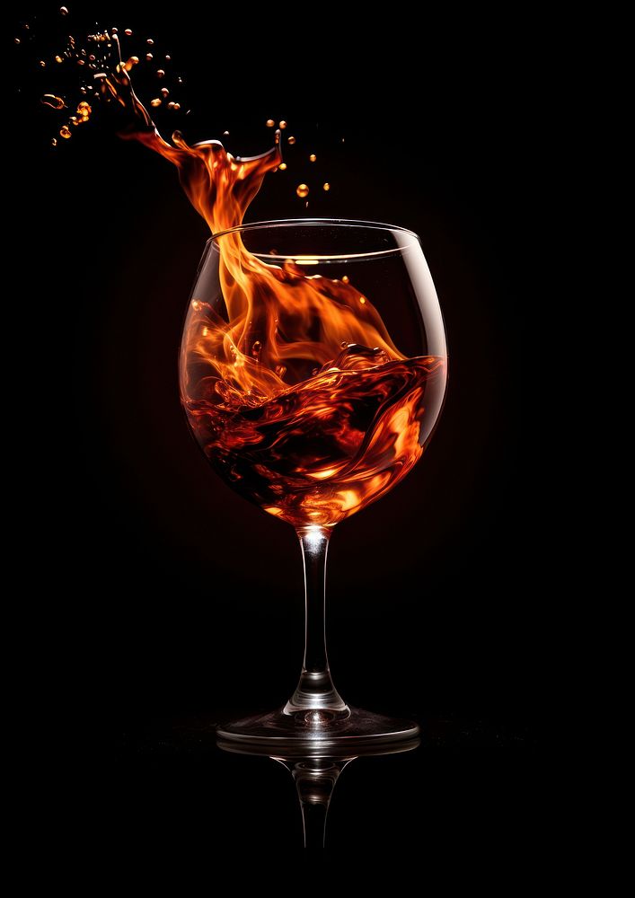 Burgundy wine glass fire flame cocktail drink black background.