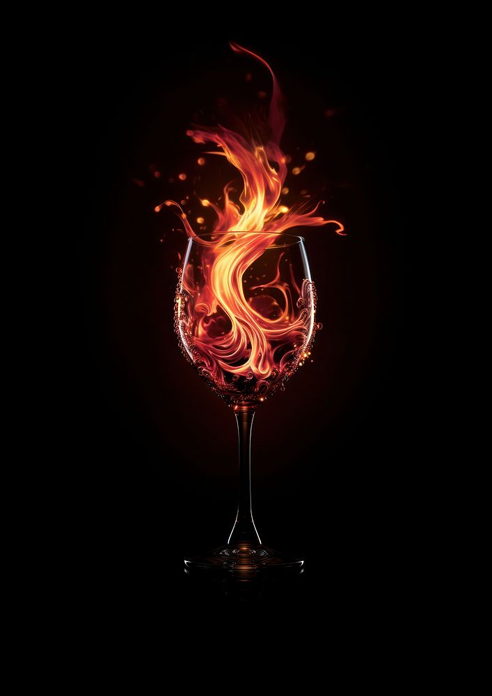 Burgundy wine glass fire flame drink black background illuminated.