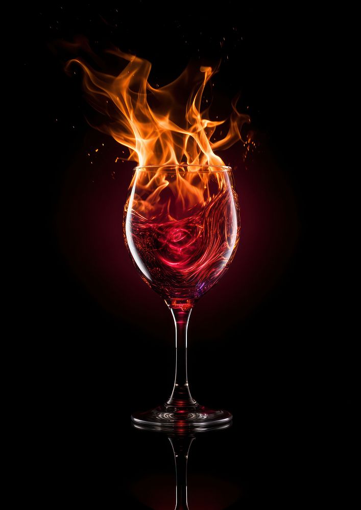 Burgundy wine glass fire flame drink black background refreshment.