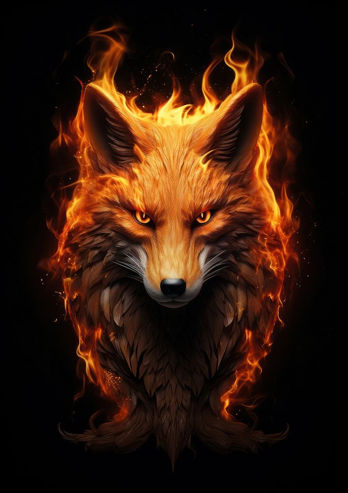 Fox body fire flame mammal black background creativity.