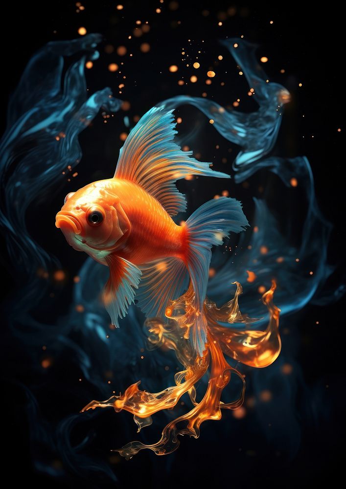 Koi fish fire flame goldfish animal black background.
