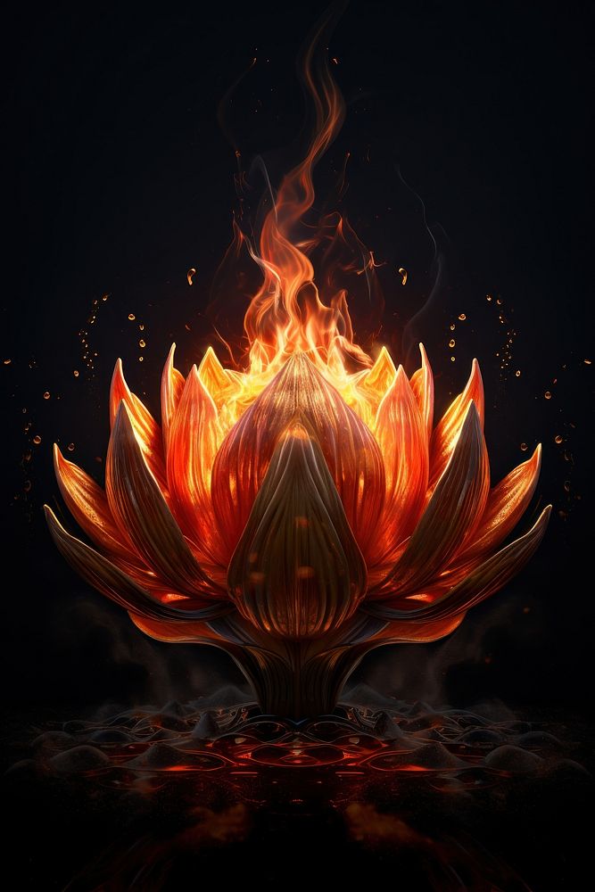 Lotus fire flame black background illuminated creativity.