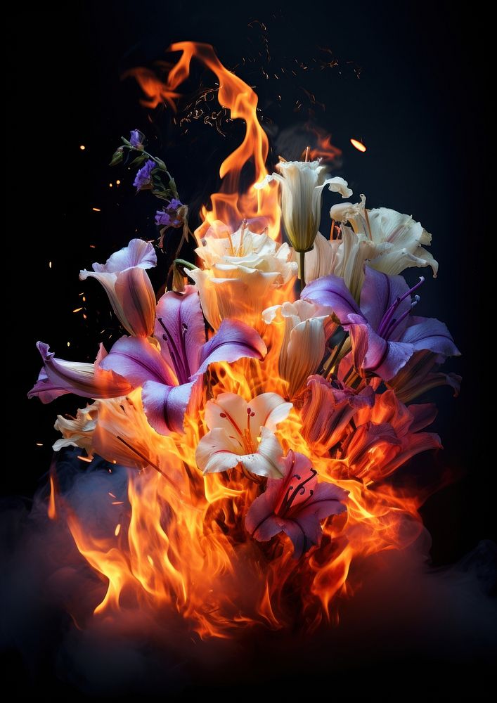 Pastel wild flowers fire flame bonfire petal black background.