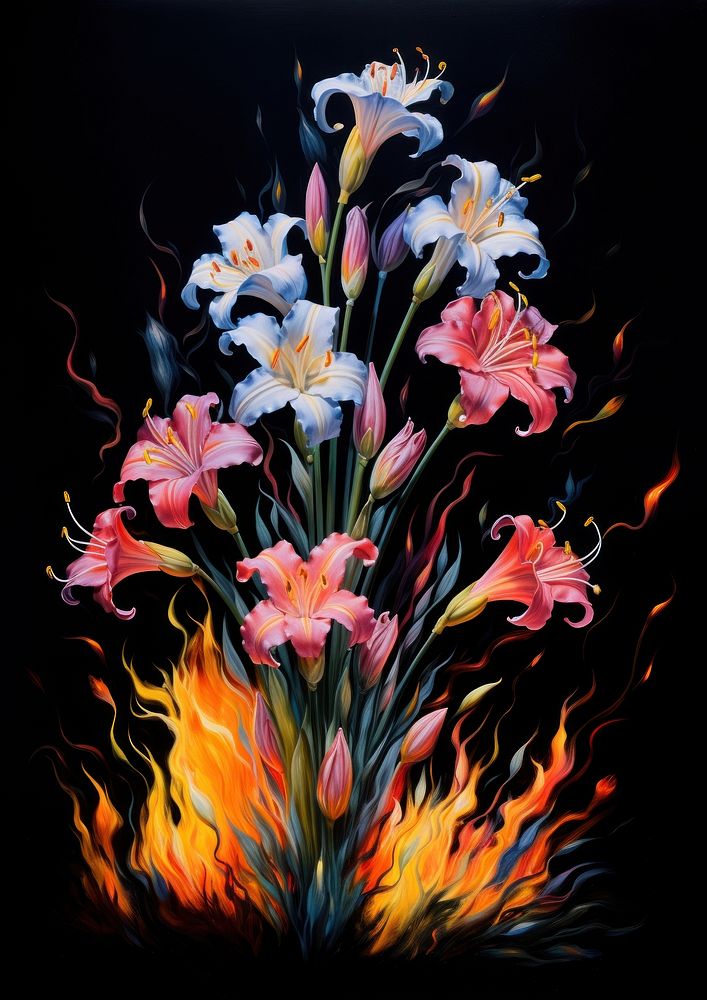 Pastel wild flowers fire flame painting plant petal.