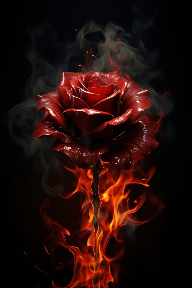 Red rose peony fire flame flower smoke black background.