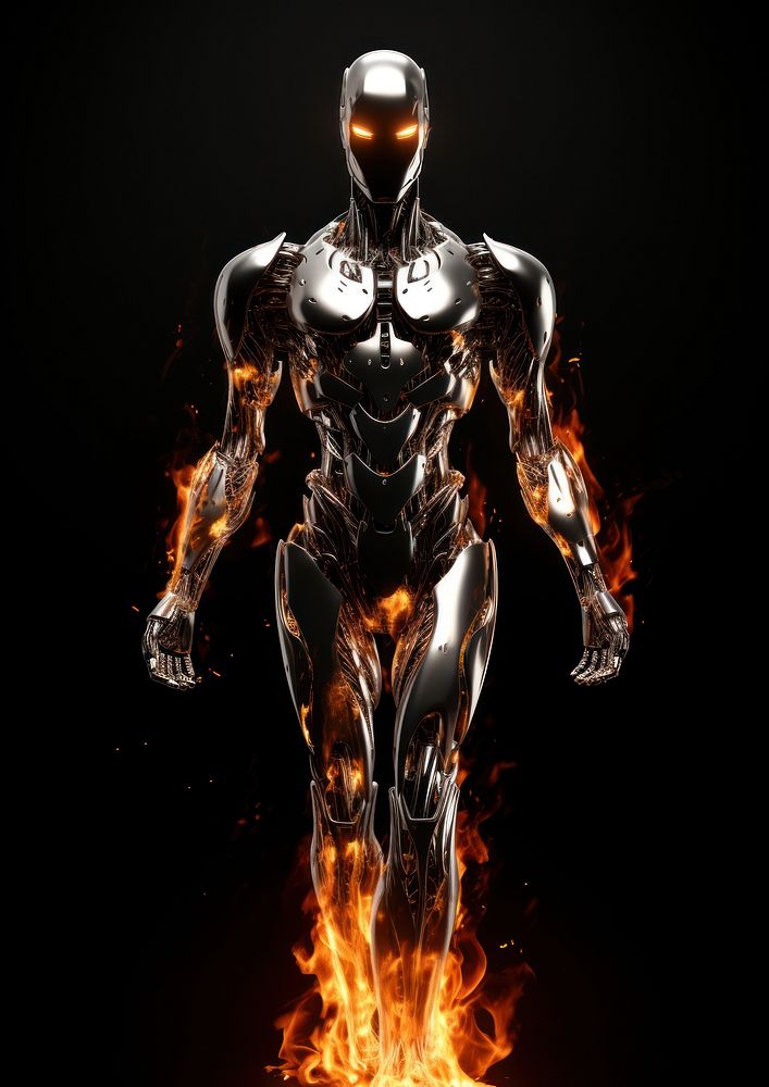 Silver robot fire flame black adult black background.