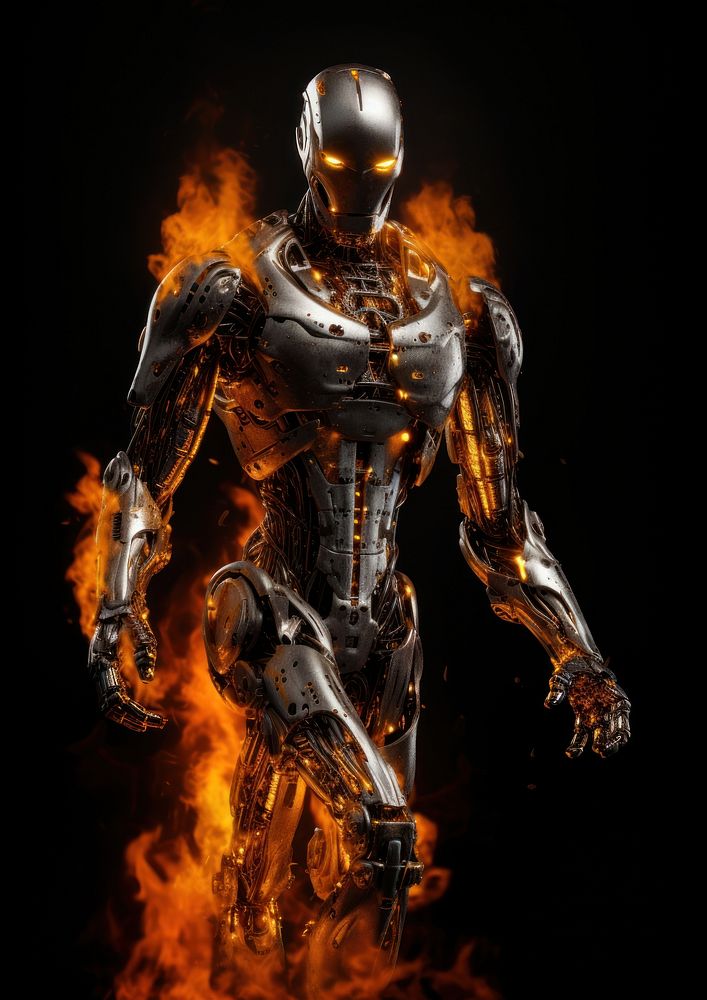 Silver robot fire flame helmet adult black background.