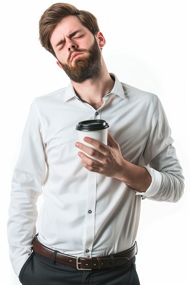 A Tired sleepy office man sleeve coffee shirt.