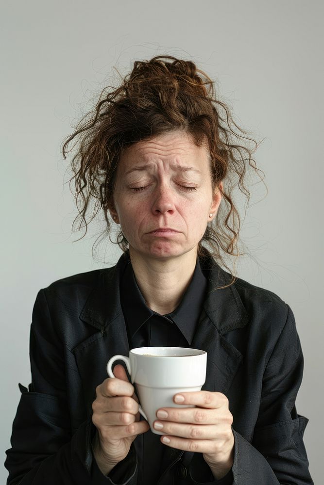 A Tired sleepy woman coffee cup portrait.