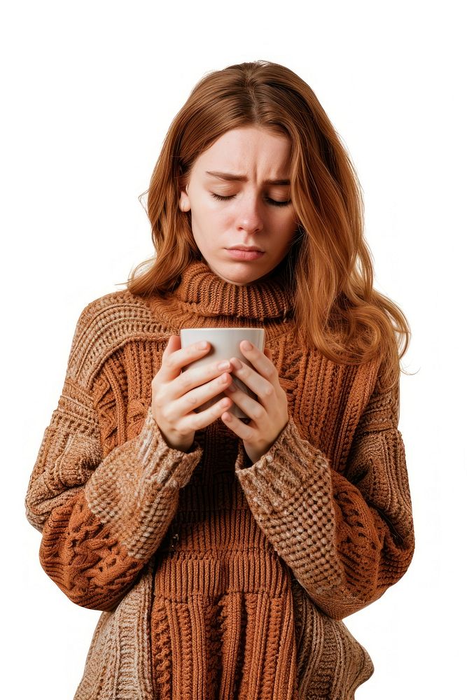 A Tired sleepy woman sweater coffee cup.