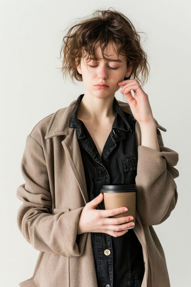 A Tired sleepy woman cup portrait coffee.