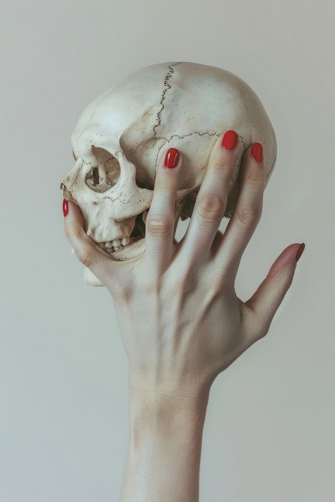 Hand holding a human skull finger portrait baseball.