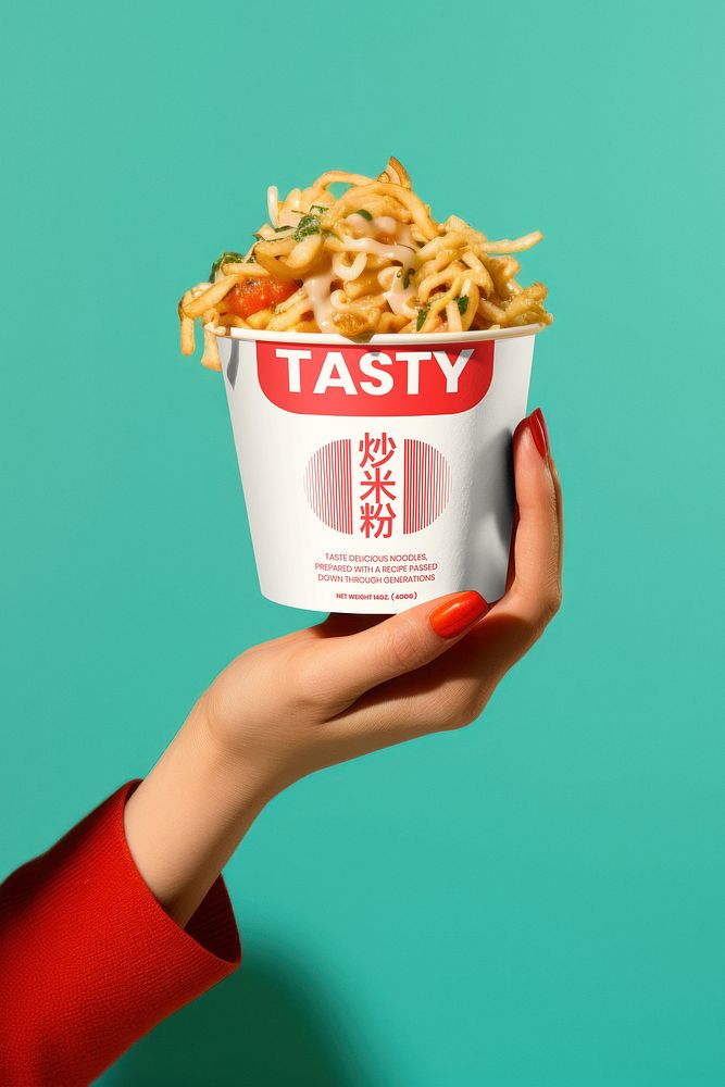Hand holding Asian noodles cup
