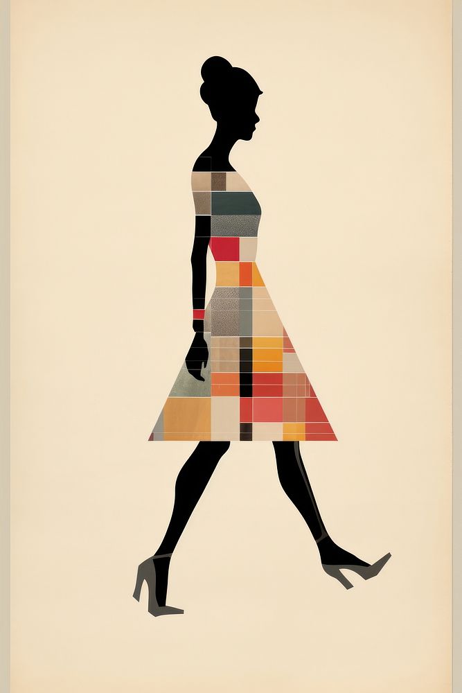 Woman walking footwear pattern dress.