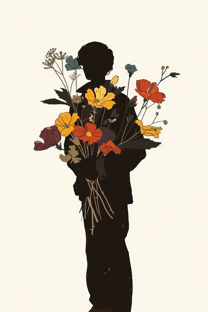 Drawing men with flowers art silhouette plant.