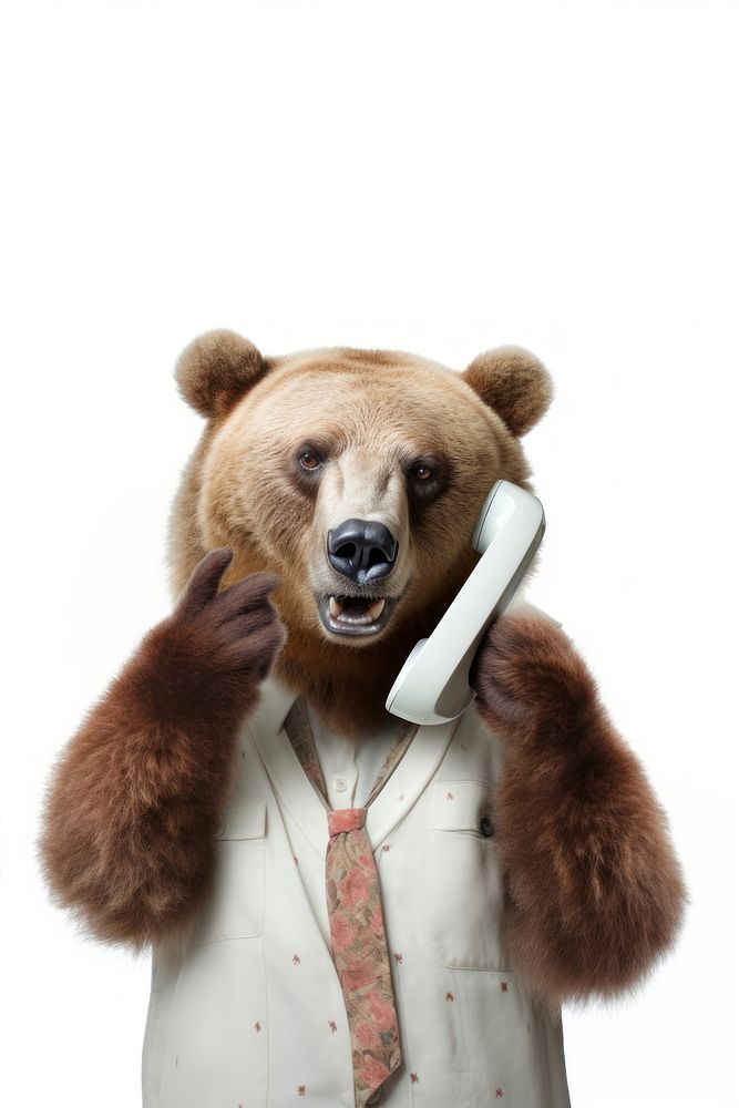 Bear making phone call animal mammal white background.