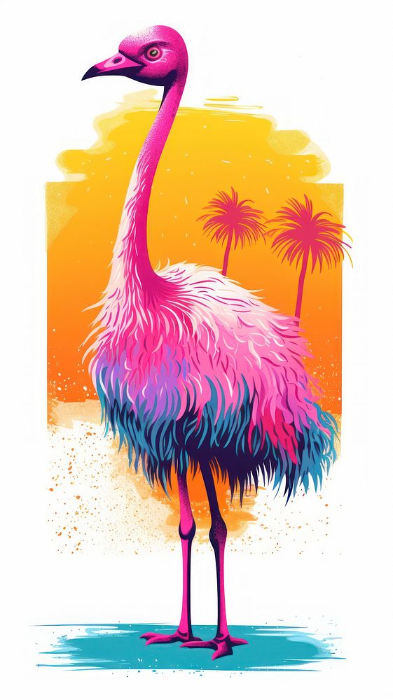 Ostrich Risograph style flamingo animal bird.