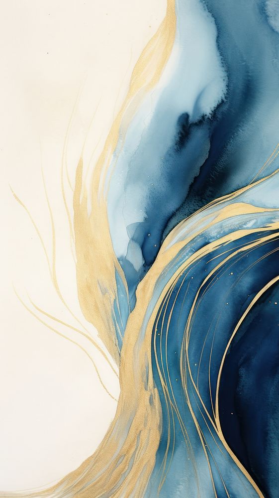 Blue and gold wave abstract painting art.