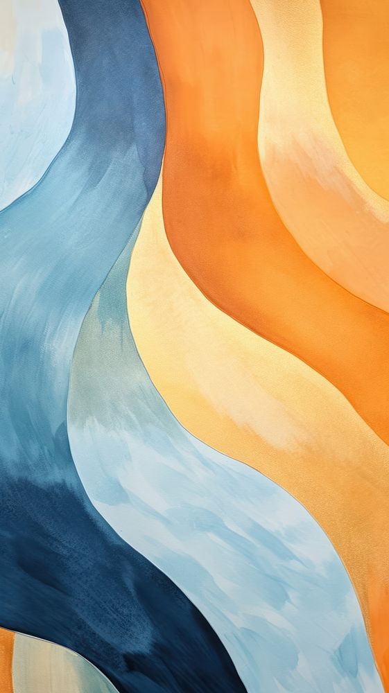 Orange color blue and gold wave abstract painting art.