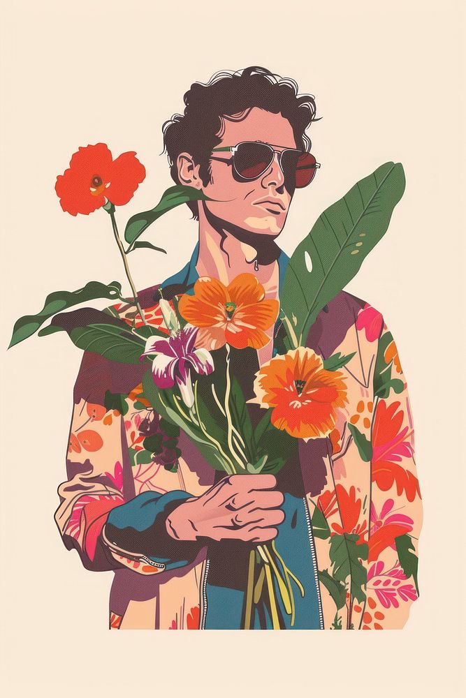 Men with flowers art painting portrait.