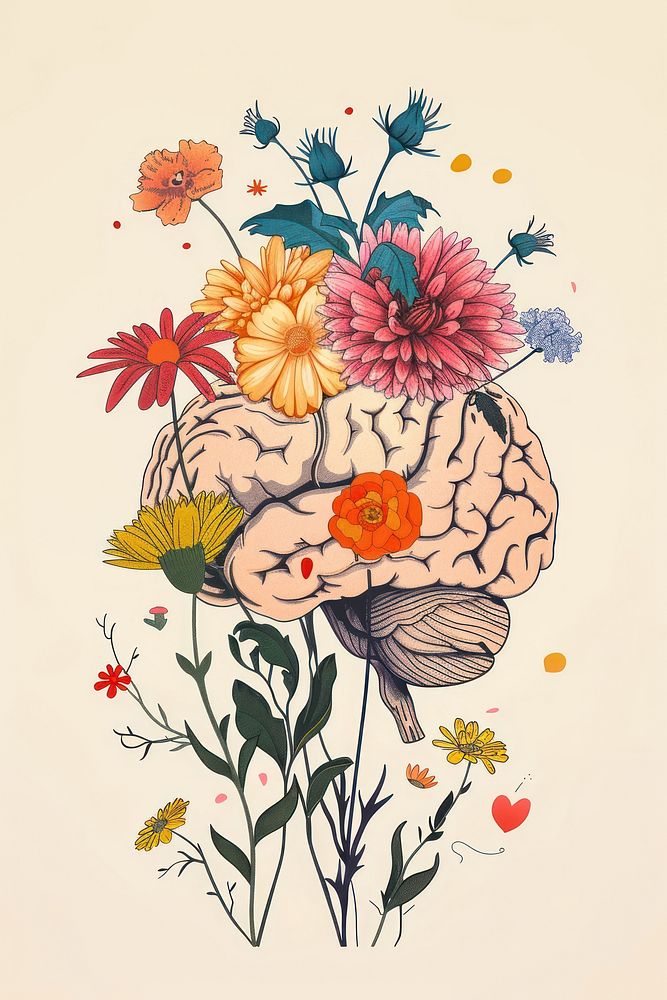 Drawing brain with flowers art painting pattern.