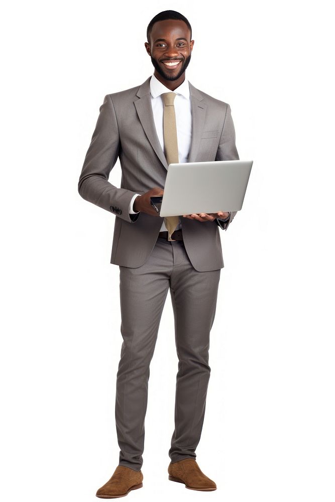 Smiley black businessman using notebook computer standing laptop.