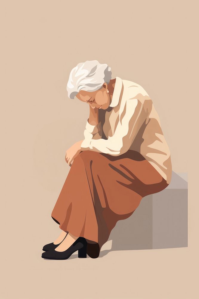 Old woman depressed footwear sitting adult.