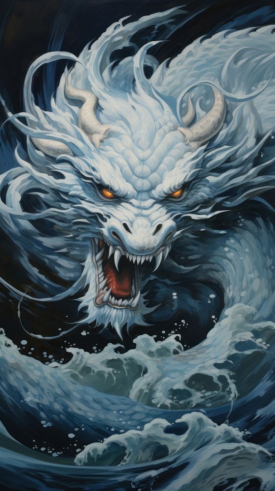 White dragon painting wave art.