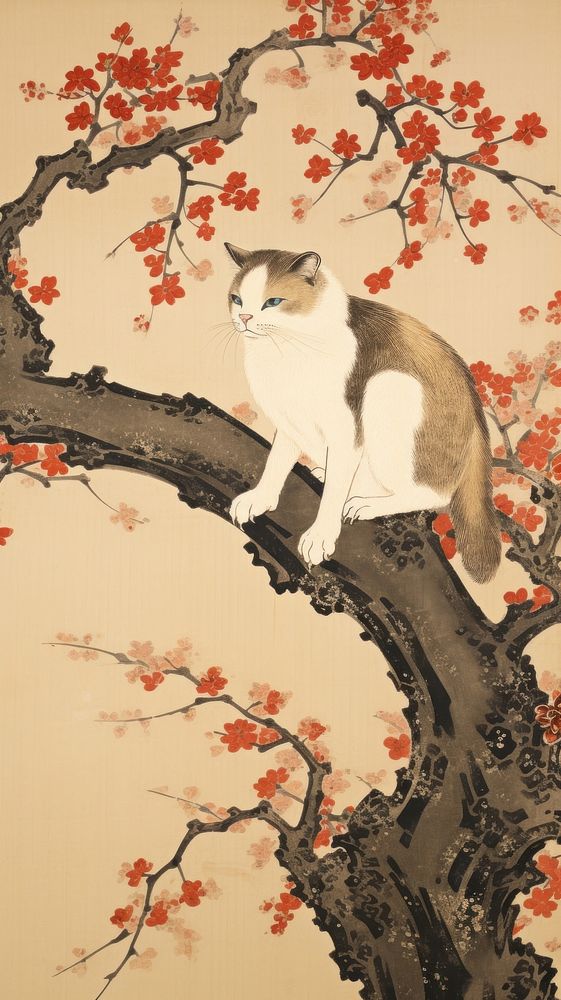 Cat on plum tree painting art pattern.