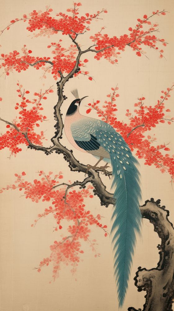 Bird on plum tree painting art pattern.
