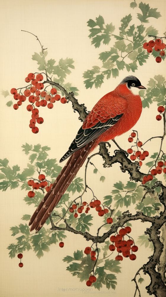 Bird on plum tree painting art animal.