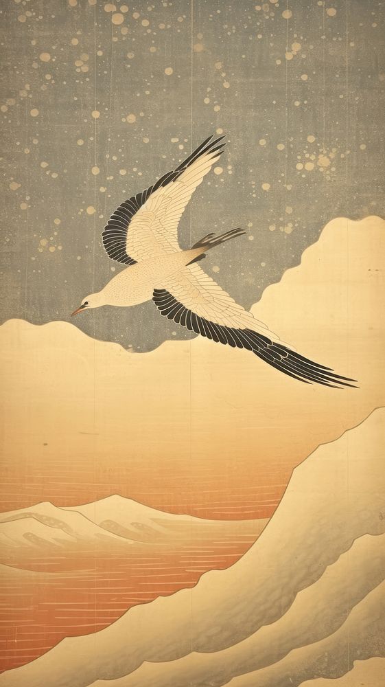 Flying japanese seagull art painting animal.