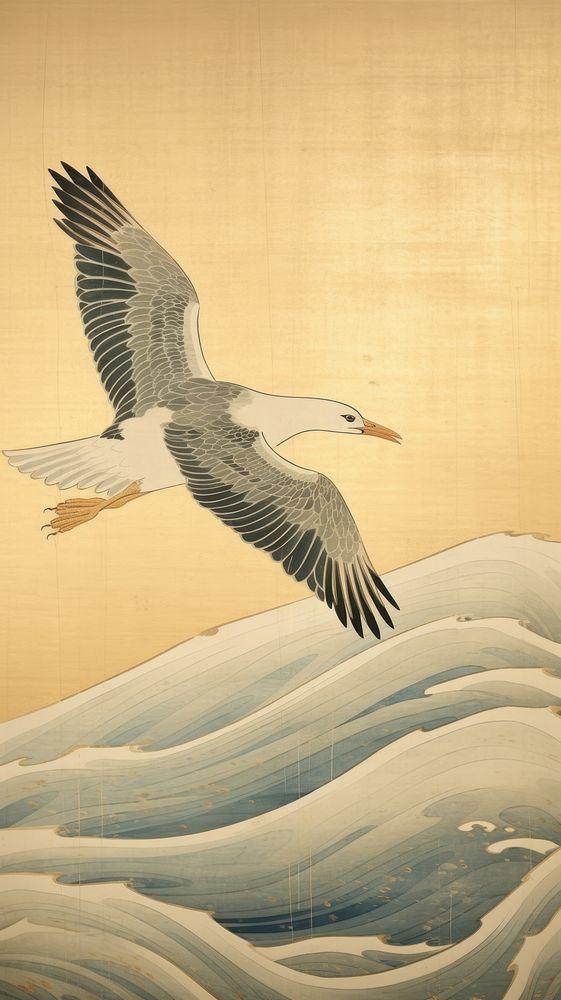 Flying japanese seagull painting art animal.