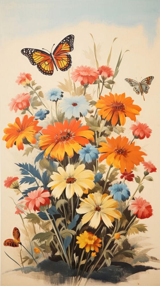 Butterflies and flowers painting butterfly insect.