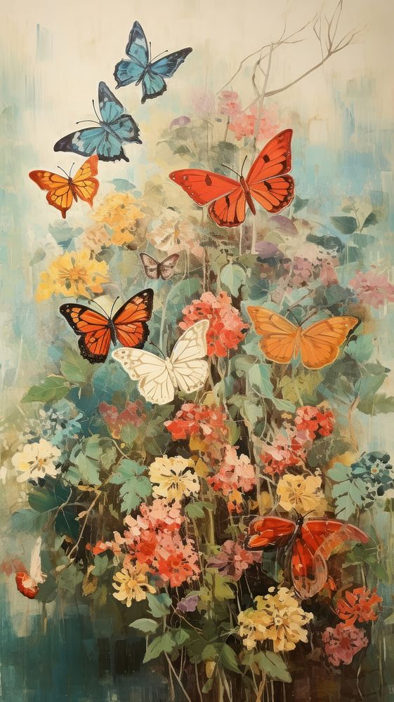 Butterflies and flowers painting butterfly animal.