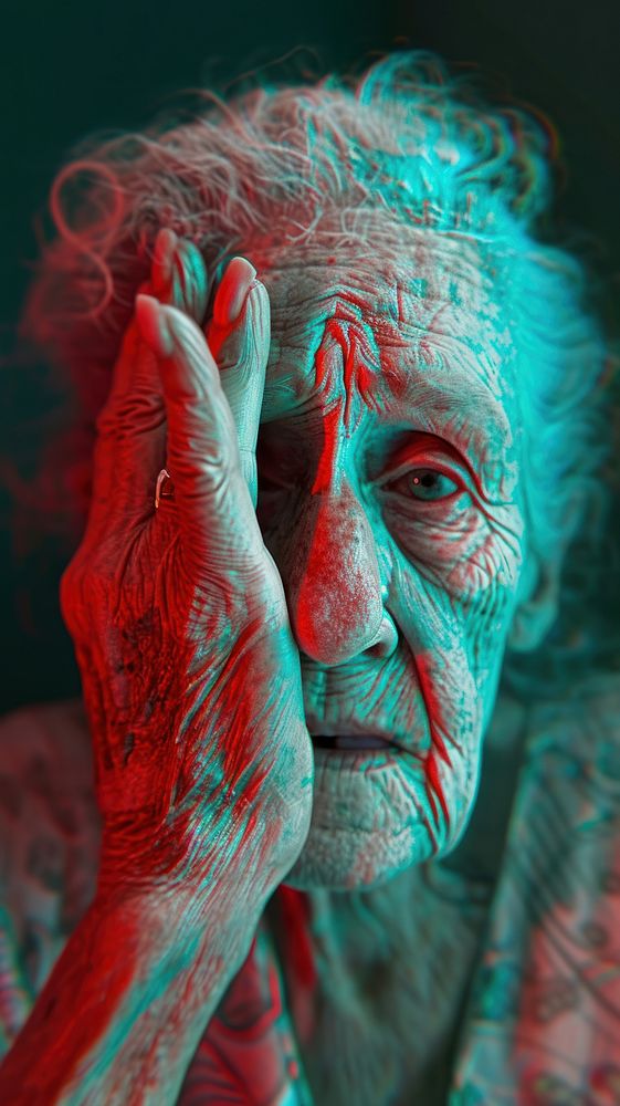 Anaglyph elderly woman hand photography portrait.