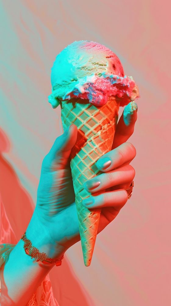 Anaglyph hand holding icecream cone dessert food red.