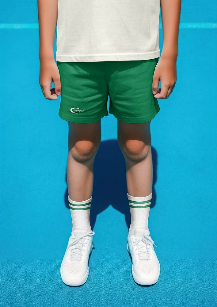 Man in green shorts and white t-shirt