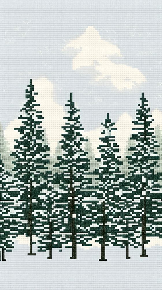 Cross stitch winter forest trees landscape nature plant.