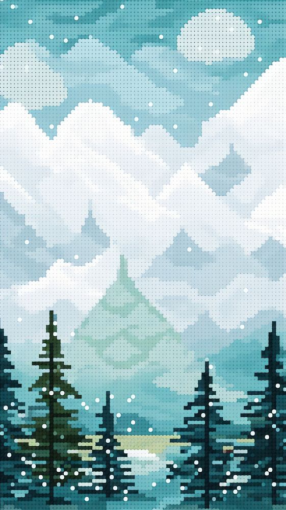 Cross stitch winter landscape graphics pattern.