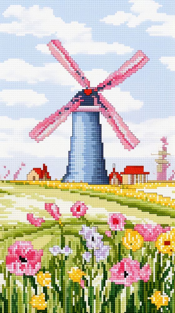 Cross stitch wind turbine flower landscape outdoors.